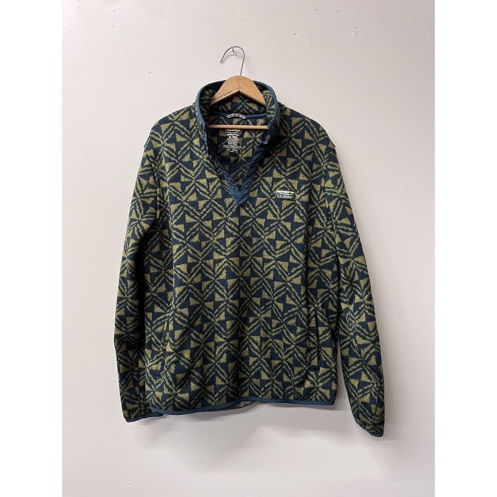 LL Bean 1/4 Quarter Geo Allover Print Green Fleece Pullover Sweater XL